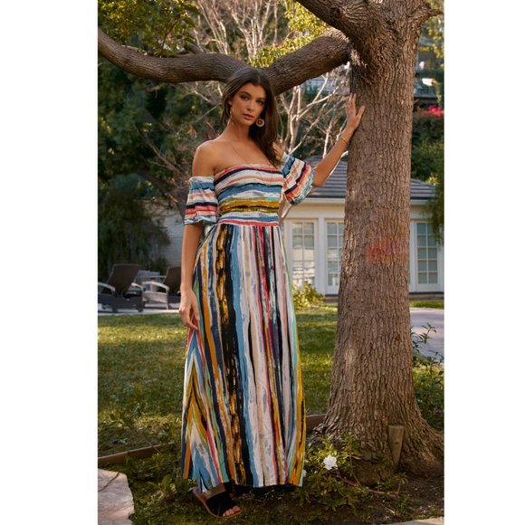 🥳HP🥳 Last 1 Aqua Stripe Off-Shoulder Maxi Dress - Picture 3 of 4